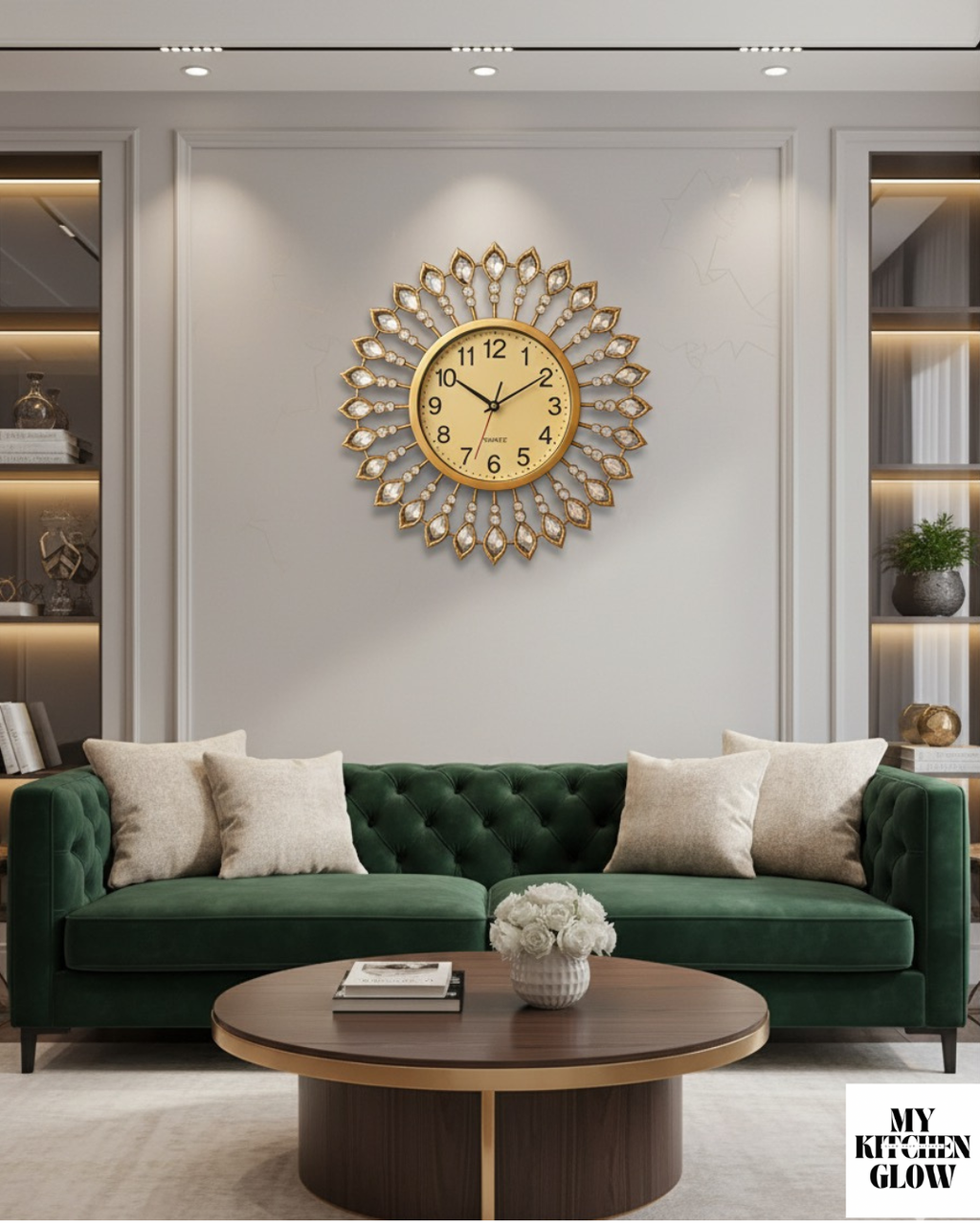ساعة حائط فاخرة بتصميم زهرة الشمس الذهبية والماس الكريستالي💎